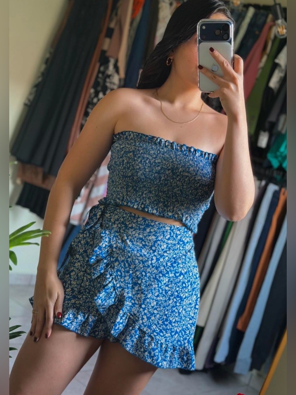 SET | Blue And White Blue Floral Ditsy Vacay Cropped Seersucker Top Skirt Small